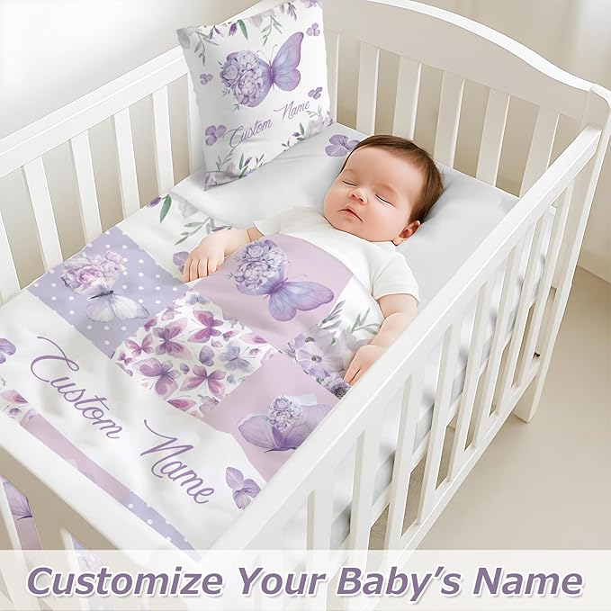 Personalized Baby Crib Bedding Set,3 Piece Custom Name Nursery Set with Blanket, Fitted Sheet & Pillowcase for Baby Girls & Boys, Purple Butterfly Theme(Fixed Size)