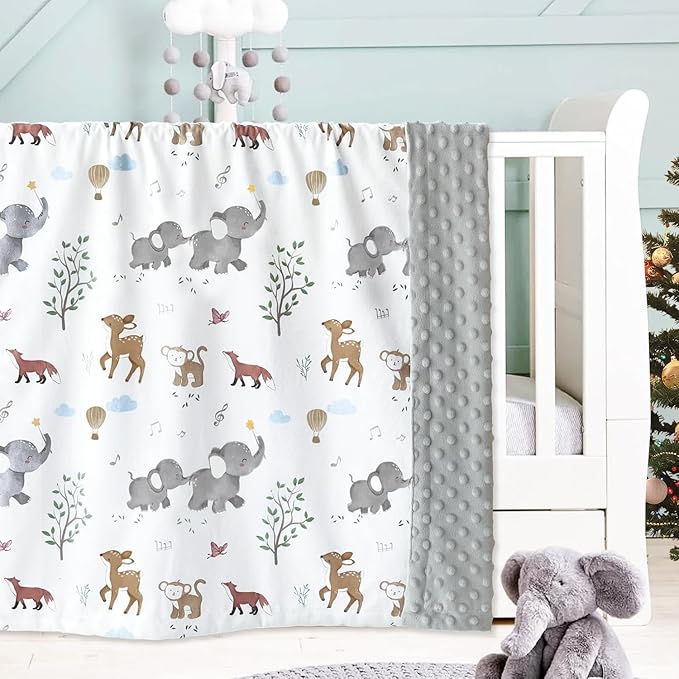 BOPRIO Baby Blankets for Unisex Boys Girls, Super Soft Nursery Minky Blankets with Woodland Animal Design and Dotted Fleece Backing, Printed Bed Throws Newborn Toddler Gift 30 x 40 Inch