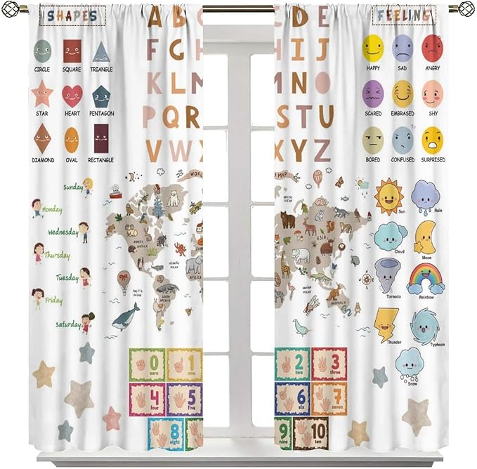 Kids Educational Curtain,Pastel ABC Alphabet Continents Map Numbers Shapes Weather Learning Tools Boy Girl Nursery Rod Pocket Blackout Window Treatments for Bedroom Living Room 63" W X 72" L