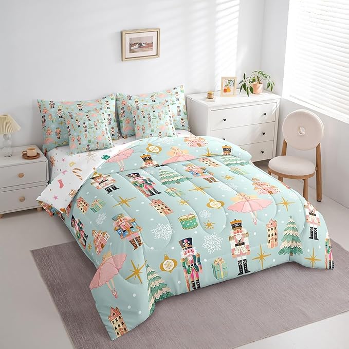 Erosebridal 7Pcs Green Christmas Comforter Set Twin,Xmas Tree Nutcracker Bedding Set,Pink Princess Bed in A Bag for Girls Women,Winter Xmas Holiday Christmas Ornaments Quilt with Flat Fitted Sheet