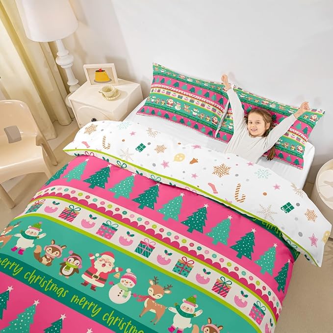 Christmas Bedding Set Cute Snowman Santa Claus Deer Comforter Cover for Kids Christmas Tree Xmas Theme Duvet Cover Breathable Pink Geometric Stripes Bedspread Cover Room Decor Quilt Cover King Size