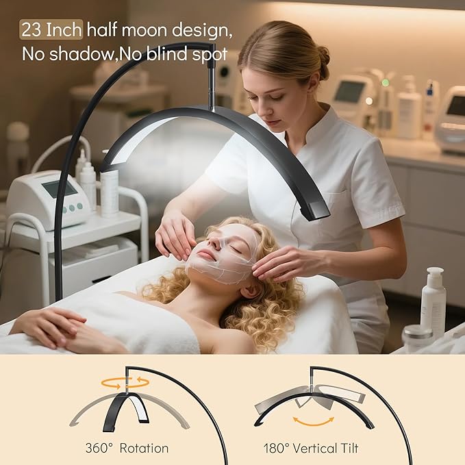 Lash Light 23 inch Floor Lamp for Eyelash Extensions Standing LED Half Moon Lights for Nail Art, Tattoos, Skincare with Adjustable Brightness & Height & Movable Tray & Phone Holder.