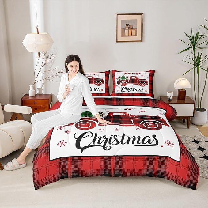 Manfei Red Truck Comforter Set Queen Size, Xmas Tree Snowflake Bedding Set 3pcs for Kids Boys Girls Bedroom Decor, Christmas Theme Red Plaid Quilt Set New Year Duvet Insert with 2 Pillowcases