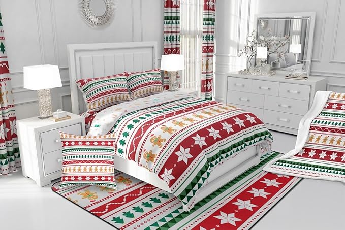 Feelyou Merry Christmas Bedding Set Soft for Boys Girls, Gingerbread Man Comforter Set Full Size Duvet Quilt Microfiber Striped Bedroom Decor 3 Pcs with 2 Pillow Cases