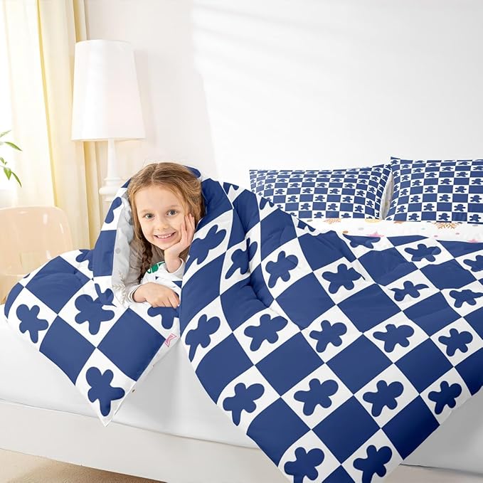 Feelyou Christmas Kids Comforter Set Queen Size Checkered Bedding Set Gingerbread Man Duvet Quilt for Kids Boys Girls Bedroom Xmas Decorations Decor Blue Microfiber Ultra Soft Breathable