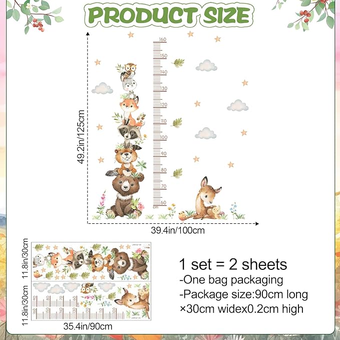 Cartoon Animal Height Growth Chart Wall Sticker for Kids Room Jungle Wild Animals Height Chart Measurement Wall Decals Removable White Clouds Star Garden Plants Grass Wall Murals for Kids Nursey Decor