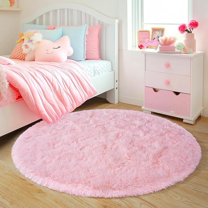 5'x5' Round Pink Rugs for Girls Bedroom, Ultra Soft Fluffy Circle Rug for Kids Room, Cute Shag Rugs for Living Room Playroom Tent Castle Home Decor Rug