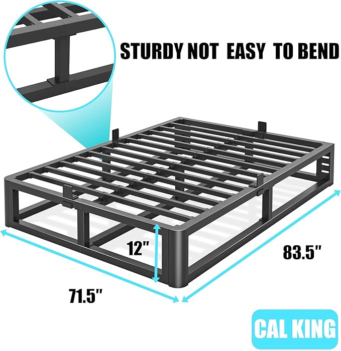 Metal Heavy Duty 12 inch California King Bed Frame with Rounded Corner and Headboard Hole Mattress Retainers 3500 LBS No Box Spring Needed Platform Noise Free Easy Assembly