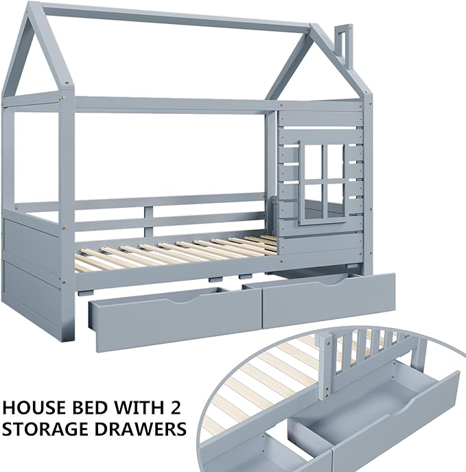 Aoowow Twin Size Kids House Bed with 2 Drawers, Wooden Twin Bed Frame with Window and Roof for Bedroom, Modern Twin Size Kid Playhouse Bed with Slats for Boys Girls, Can be Decorated, Grey