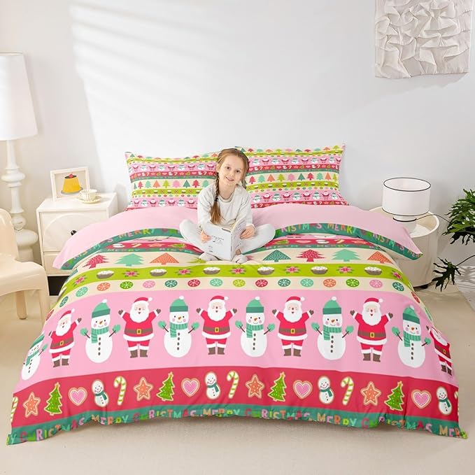 Cartoon Christmas Bedding Set for Kids Boys Girls Santa Claus Snowman Comforter Cover Set Pink Xmas Theme Duvet Cover Bedroom Decor Christmas Tree Bedspread Cover Toddler Size Bedding Collection 2Pcs