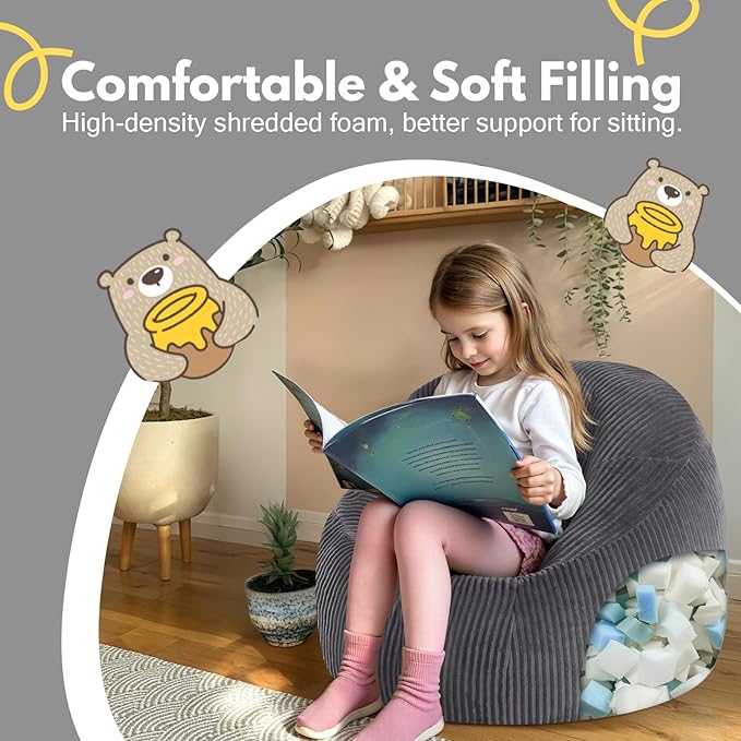 COMAX Bean Bag Chairs for Kids, Toddler BeanBag Sofa with Filler Bean Couch Stuffed for Boys and Girls, Lazy Floor Chair for Playroom, Nursery Room, Dark Grey