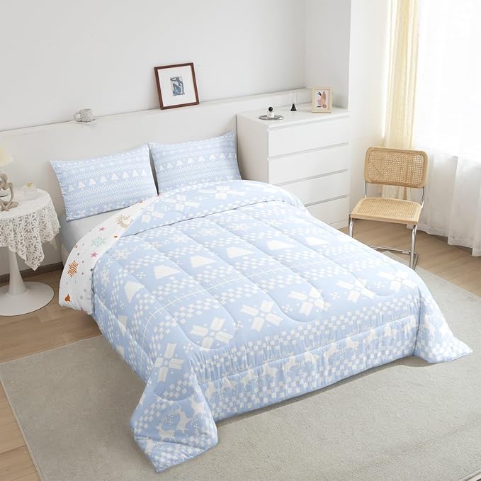 Feelyou Christmas Bedding Set for Kids Boys Girls King Size Xmas Deer Decor Comforter Set Ultra Soft Xmas Snowflake Comforter Winter Duvet Quilt Bedroom Decor Christmas Decorations Quilt