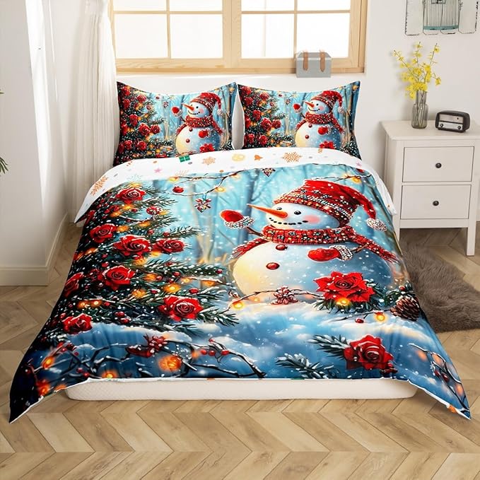 Manfei Christmas Kids Duvet Cover Set King Size, Cute Snowman Xmas Bedding Set for Boy Girls Room Decor, Red Flower New Year Comforter Cover, Lightweight Bedspread Cover, 2 Pillowcases, No Comforter