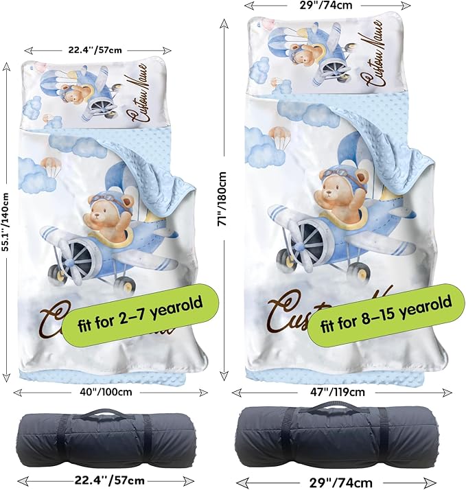 Personalized Toddler Nap Mats for Preschool, Custom Name Kids Sleeping Bag for Daycare, Roll Up Sleeping Mat with Removable Pillow and Soft Dot Minky Blanke for Boys Camping Travel