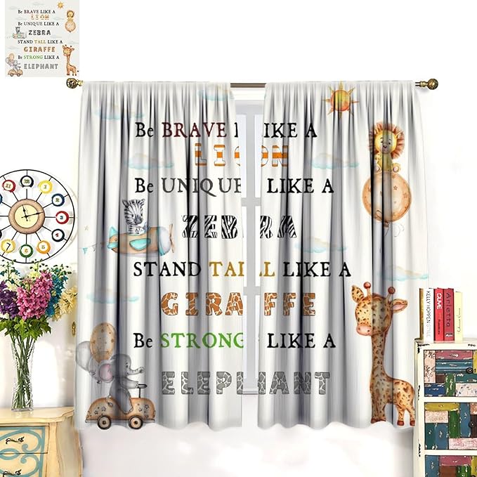 Cartoon Animals Curtains, Cute Jungle Animal Zebra Elephant Lion Giraffe Blackout Window Treatments, Rod Pocket Thermal Insulated Drapes 2 Panel Sets for Kids Bedroom Nursery Classroom, 72"W X 63"L