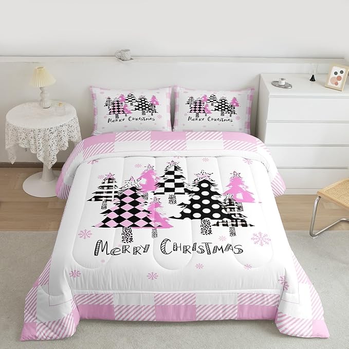Manfei Xmas Trees Comforter Set Full Size, Pink Plaid Grid Snowflake Down Comforter with 2 Pillowcases, Christmas Theme Bedding Set 3pcs for Kids Girls Adults Room Decor New Year Duvet Insert