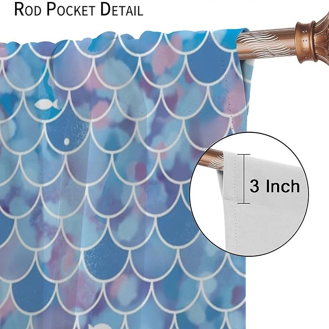 Mermaid Blackout Curtains, Kids Cartoon Blue and Pink Ocean Mermaid Scale Pattern Decoration for Girls Bedroom Nursery Curtains 72x63 Inch
