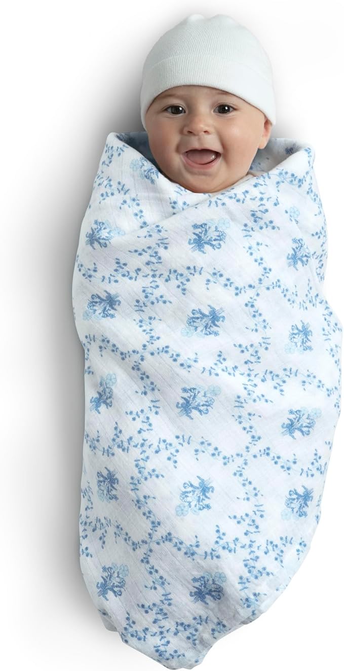 Delta Children 100% Cotton Muslin Baby Receiving Blankets for Girls and Boys – 47x47 Inches (Pack of 4), Blue Botanicals