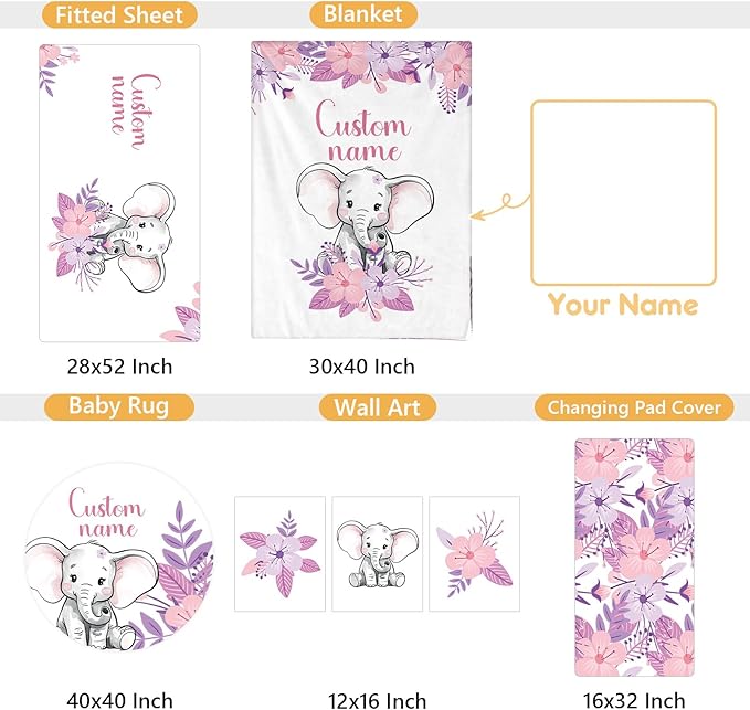 Personalized Toddler Bedding Set, 5 Pcs Custom Name Crib Bedding Set for Girls, Purple Elephant Flannel Baby Crib Bedding Set, Double Layer Baby Crib Set, Customized Gifts for Infants Newborns