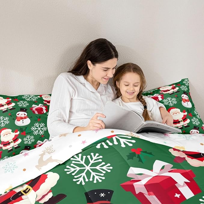 jejeloiu Merry Christmas Comforter Set Twin Size Xmas Santa Claus Bedding Set for Kids Boys Girls Cute Snowman Duvet Quilt Green Bedroom Decor