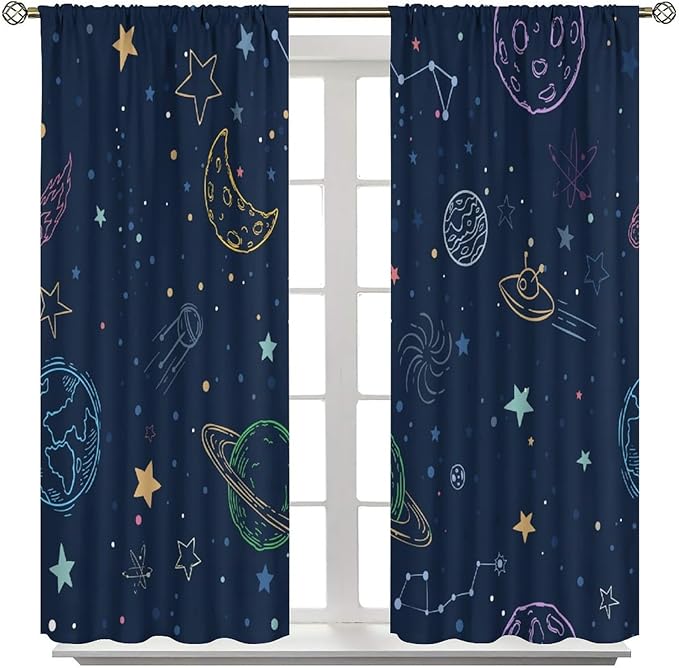 Navy Blue Space Curtains, Cartoon Outer Space Stars Planets Theme Galaxy Curtains for Kids Teens Bedroom Nursery Toddlers Room 52" W X 84" L