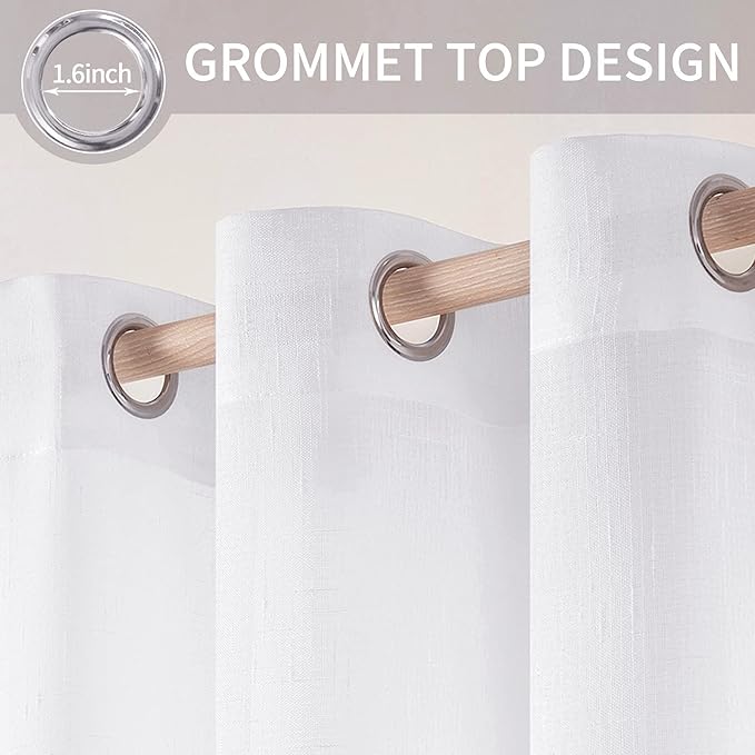 MIULEE Natural Linen Sheer Window Curtains - Elegant Solid White Drapes Grommet Top Voile Panels for Bedroom Living Room (52X90 Inch)