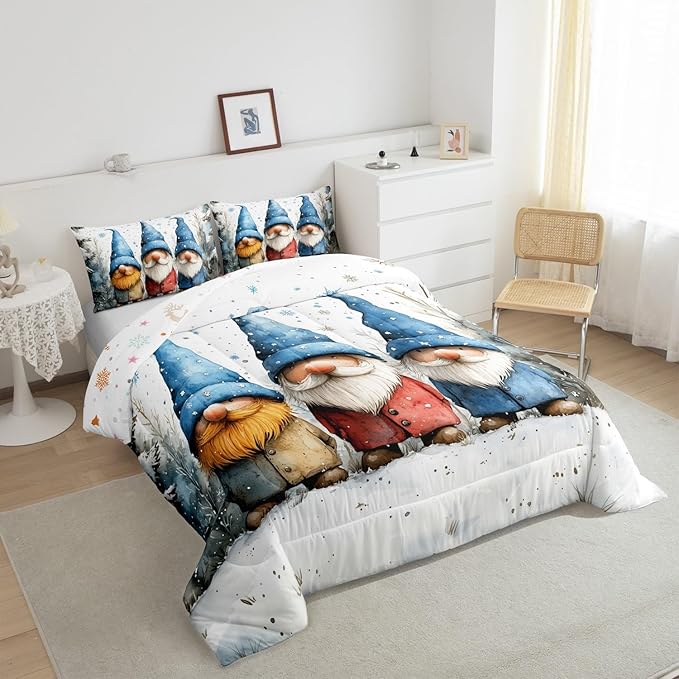 Manfei Cartoon Gnome Kids Comforter Set King Size,Christmas Winter Snowflake Retro Bedding Set,Boys Girls Room Decor,Jungle Pine Trees Rustic Down Comforter,Blue White Duvet Insert,2 Pillowcases