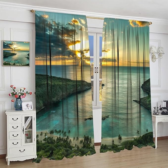 Ocean Beach Curtains,OceanMorning Sunrise Hawaiian Seaside Scene Pattern Blackout Print Home Bedroom Living Room Window Treatments 2 Panel Set 42x54 Inch