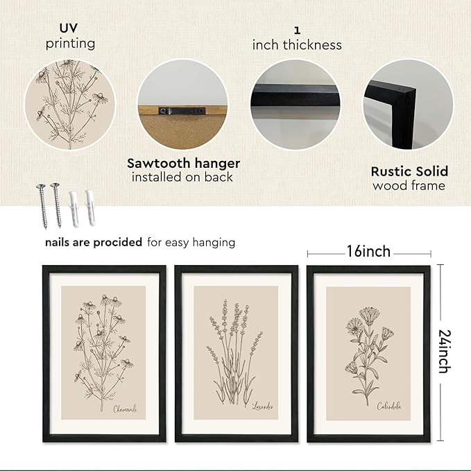 YWJKWLGS Vintage Botanical Wall Art 16x24 Inch Set Of 3 Wooded Framed Minimalist Rustic Wildflower Pictures Floral Sign Bedroom Wall Hanging Decor (Black)