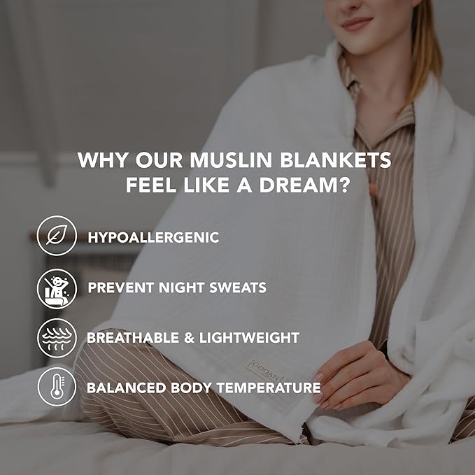 Goqan Muslin Blanket King Size 90x108 – 100% Cotton 4 Layer Boho Muslin Blanket for Adults, Lightweight, Soft, Breathable for Bed, Couch - White