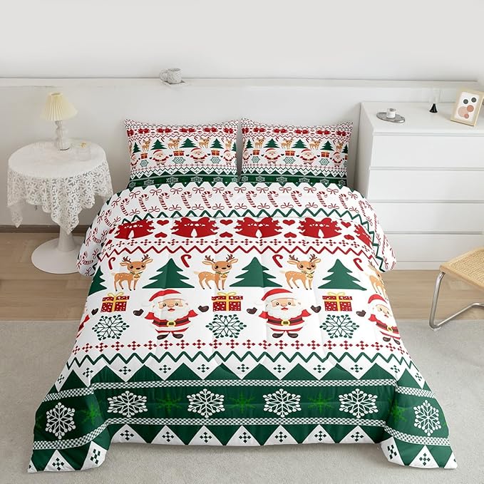 Feelyou Merry Christmas Kids Comforter Set Twin Size Santa Claus Bedding Set Cute Deer Duvet Quilt for Kids Boys Girls Bedroom Snowflake Decor Microfiber Ultra Soft Breathable