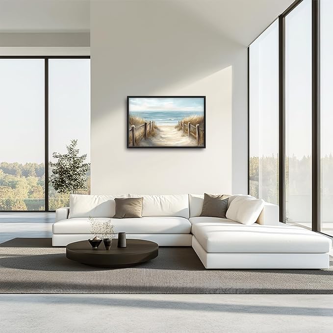 Olivine Beach Large Wall Art, Coastal Seascape Pictures Wall Decor, Nautical Paintings, Sea Canvas Prints, Framed Artwork for Dining Room Bedroom Living Room Office Bathroom Home Decoration 36"x24"