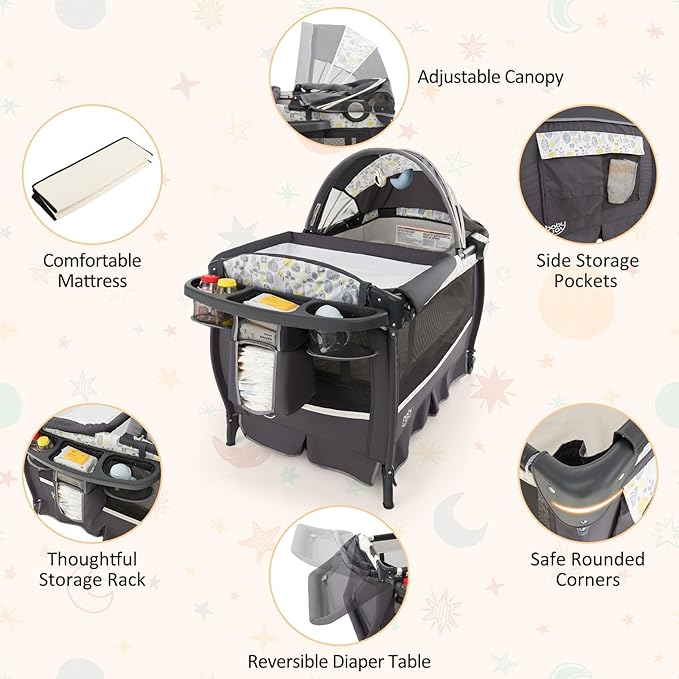 BABY JOY 4 in 1 Pack and Play, Portable Baby Playard with Bassinet & Flip-Away Changing Table, Canopy, Infant Bassinet Activity Center with Storage Basket, Oxford Bag from Newborn to Toddlers