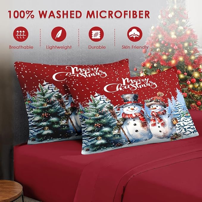 7 Pcs Full Size Christmas Comforter Set with 2 Pillowcases & 2 Shams, Winter Wonderland Bedding for Kids and Adults, Happy Snowman Bed in a Bag with Flat Fitted Sheet
