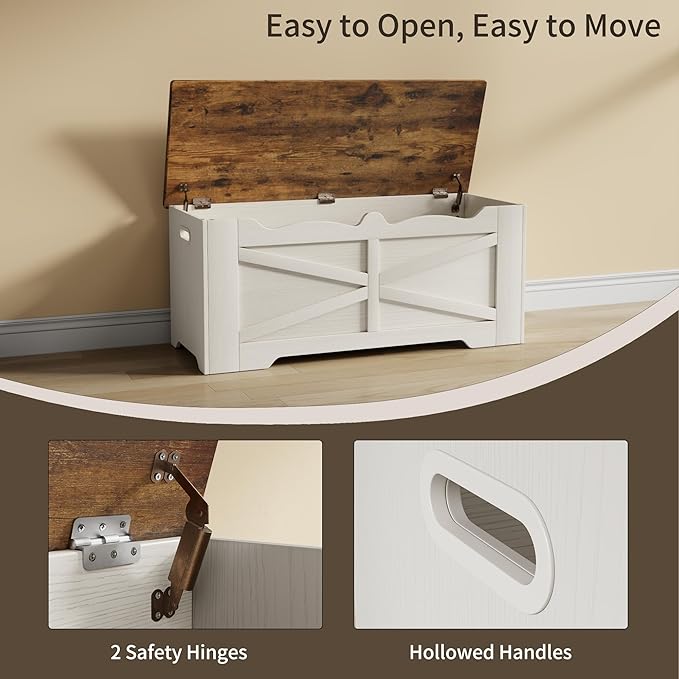 Storage Trunk, 47.2" Large Storage Bench for Bedroom, Lift Top Storage Chest, 300lbs Capacity Engineered Wood Entryway Bench with Storage, 2 Hinges for Living Room Hallway, White & Walnut