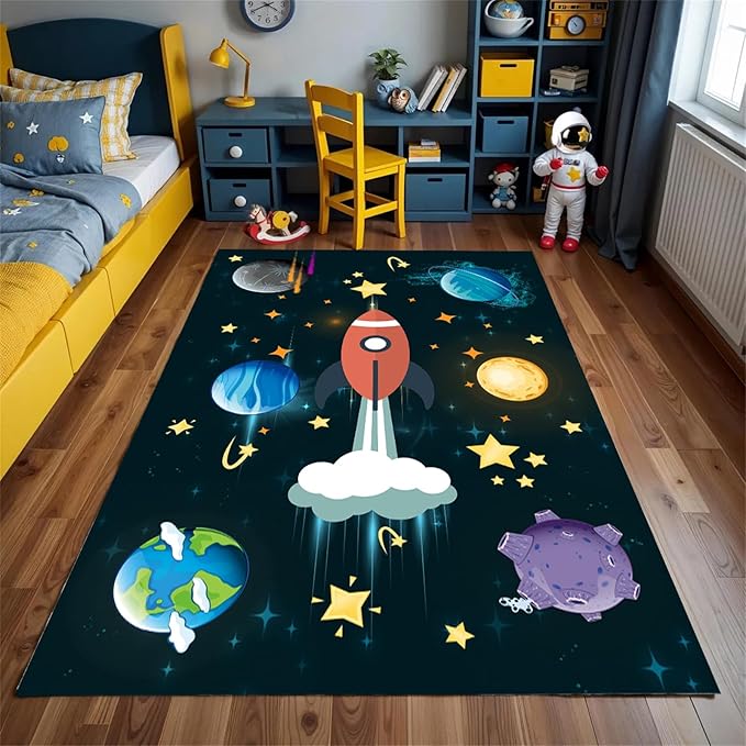 3x5ft Outer Space Rug - with Rocket and Planet Design, Non-Slip Washable,Kids Rugs for Playroom Easy Care Rug, for Children's Room, Toddlers, Classroom, Playroom, Baby Daycare