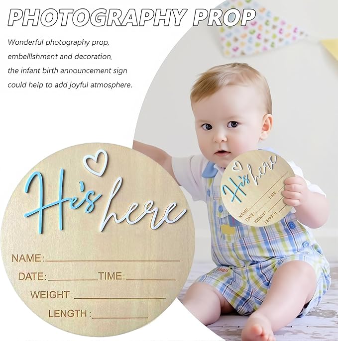 Baby Announcement Sign, 5.9 Inch Wooden Hello World Newborn Signs, Birth Announcement Sign, Gender Reveal Signs, He's here Decoration, Welcome Newborn Arrival To World, Hospital Nursery for Baby