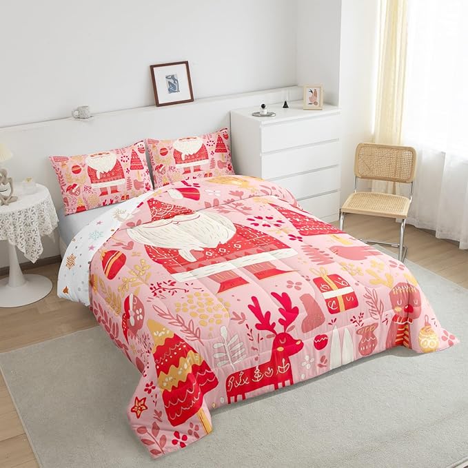 Feelyou Cute Santa Claus Bedding Set for Kids Boys Girls Toddler Size Xmas Deer Elk Decor Comforter Set Ultra Soft Comforter Xmas Tree Duvet Quilt Bedroom Decor Christmas Decor Quilt