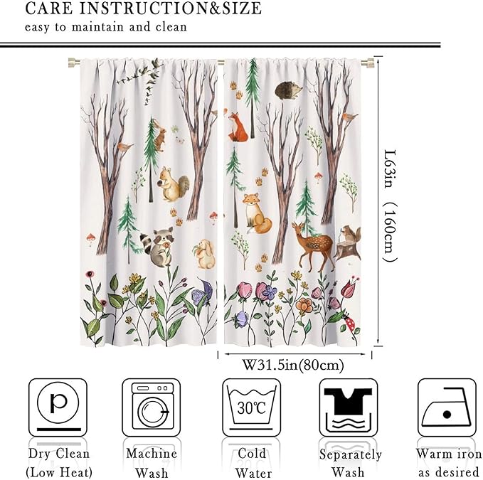 Forest Animal Kids Curtains, Watercolor Cartoon Window Treatments, Cute Animal Floral Girl Toddler Home Bedroom Living Room Drapes 63x63in