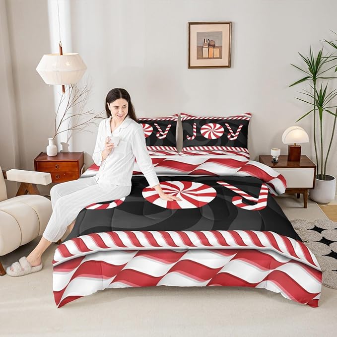 Kids Merry Christmas Comforter Set Queen Size,Holiday Joy Sweet Candies Bedding,Girls Boys Adults Bedroom/Xmas Cabin Decor,Wave Geometric Retro Down Comforter,Red Black Duvet Insert,2 Pillowcases