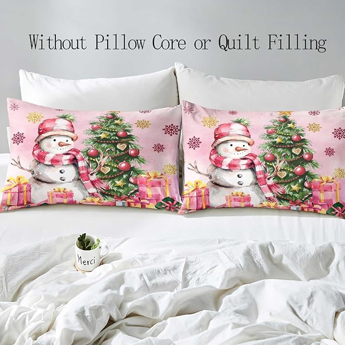 LUVIVIHOME 2PCS Snowman Duvet Cover Twin Bedding Sets, Pink Duvet Cover, Kids Teens Girls Bedding, Christmas Tree Snowflake Holiday New Year Xmas Gifts Christmas Comforter Quilt Cover, 1 Pillow Sham
