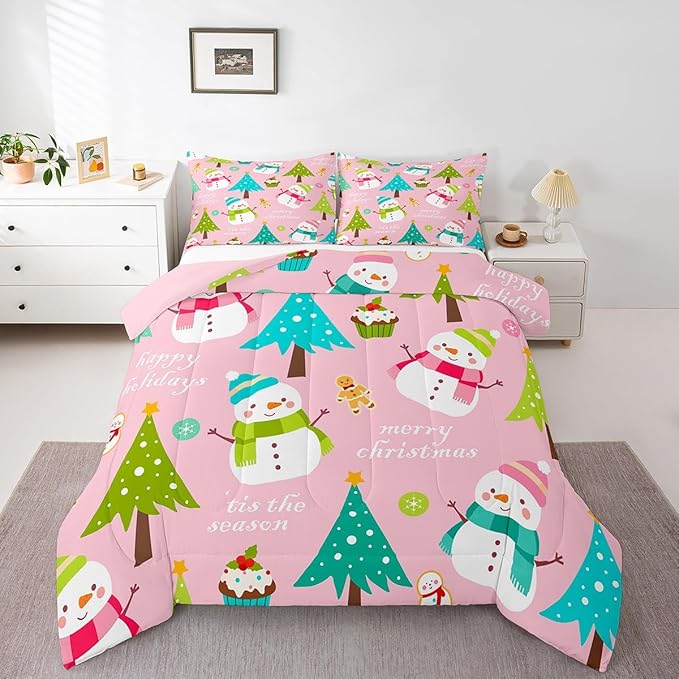 Erosebridal Merry Christmas Comforter Set for Kids,Pink Xmas Decor Bedding Set Toddler Size,Cartoon Snowman Quilts Christmas Tree Down Comforter for Girls Boys Teens Bedroom Decor