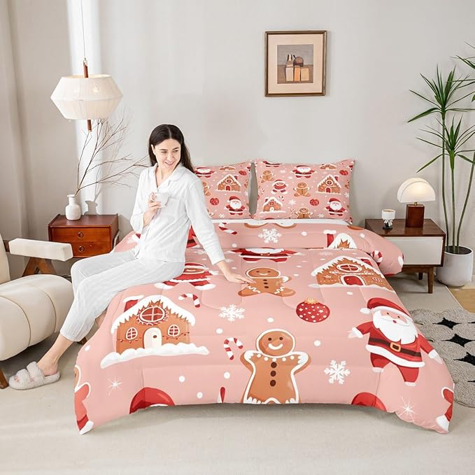 Feelyou Christmas Kids Comforter Set Toddler Size Santa Bedding Set Gingerbread Man Duvet Quilt for Kids Boys Girls Bedroom Snowflake Decor Microfiber Ultra Soft Breathable