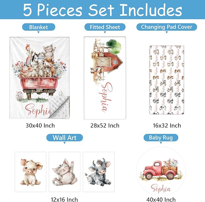 Personalized Baby Crib Bedding Set, 5 Pcs Custom Farm Animals Pattern Nurery Bedding Set for Boys and Girls, Baby Blanket with Dotted Backing, Newborns Infant & Toddler Customized Gifts