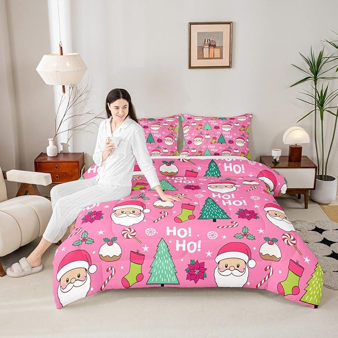 Feelyou Pink Merry Christmas Comforter Set All Season Santa Claus Bedding Set with 2 Pillow Cases Xmas Microfiber Kids King Bedclothes Happy New Year Bedroom Decor Duvet Quilt Soft Lightweight