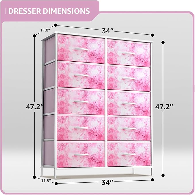 Sorbus Kids Dresser with 10 Drawers - Storage Unit Organizer Chest for Clothes - Bedroom, Kids Room, Nursery, & Closet - Steel Frame, Wood Top & Handles, and Easy Pull Fabric Bins