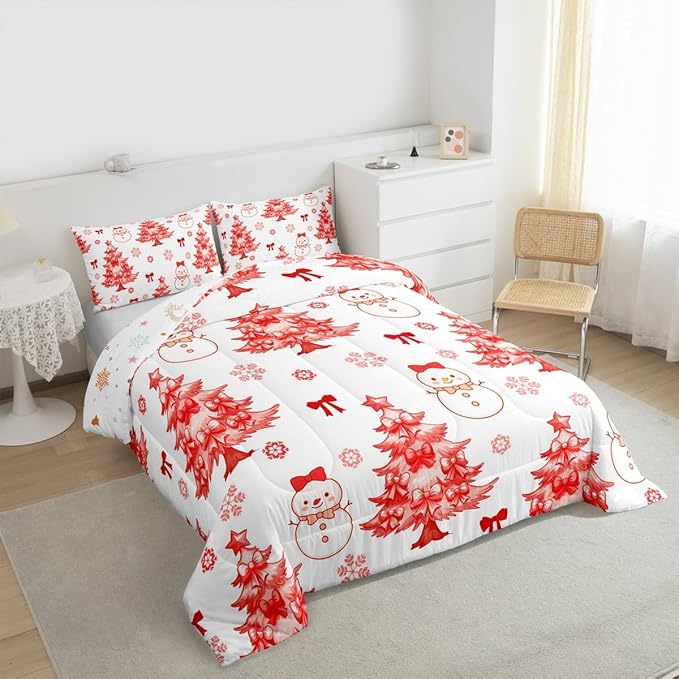 Feelyou Merry Christmas Comforter Set King Size Cute Snowman Bedding Set for Kids Boys Girls Cartoon Bowknot Duvet Quilt Christmas Tree Microfiber 3 Pcs with 2 Pillow Cases