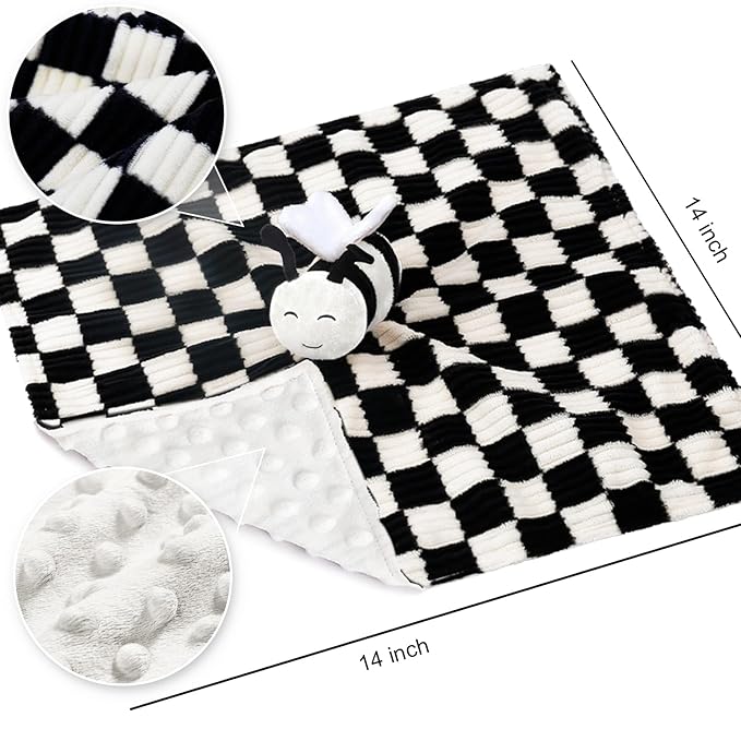 High Contrast Baby Security Blanket for Boys Girls 3D Soft Checkerboard Gingham with Minky Dot Fabric Backing Bee Snuggle Stuffed Animal Lovely Black 14 Inch