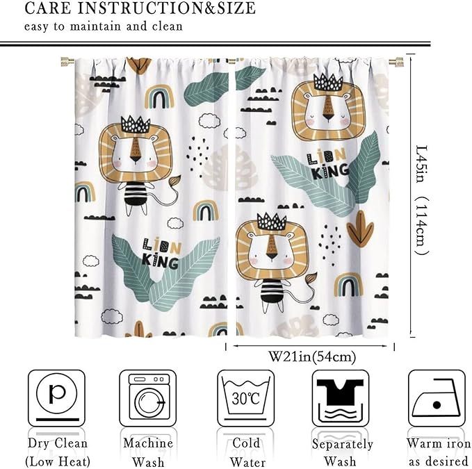 Little Lion King Curtains for Baby Child,Cute Funny Forest Animals,Tropical Jungle Leaves Wildlife Boho Cartoon Rainbow Print Blackout Window Drapes for Nursery Boys Girls Kids Bedroom 42x45 Inch