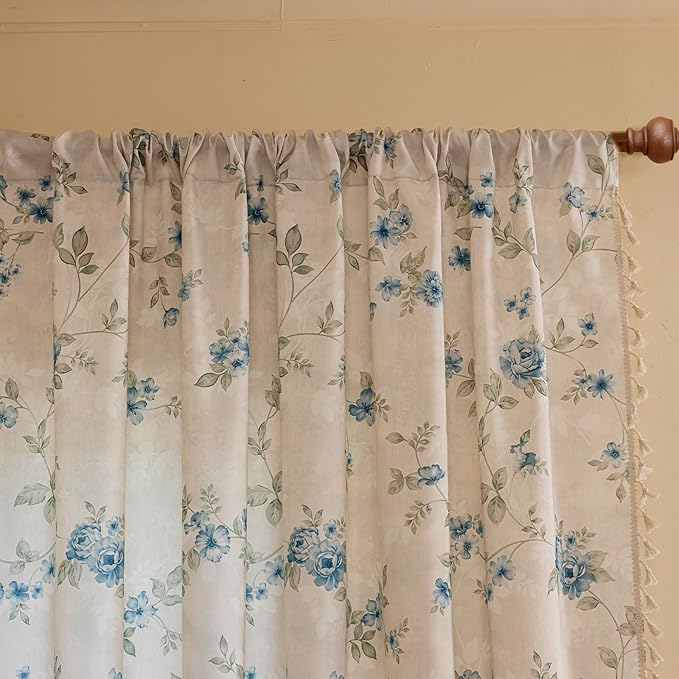 ENJOYBRIDAL Blue Floral Curtains 63 Inches Long Bedroom Cute Drapes Rod Pocket Boho Semi Sheer Short Window Curtain Panels Rustic Living Room Farmhouse 2 Panels Vintage Window Treatments
